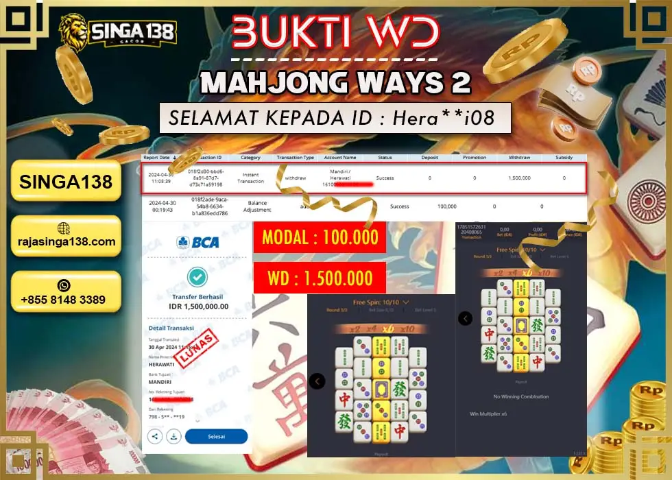 SINGA138 WD MAHJONG WAYS 2 Rp 1.500.000 - LUNAS