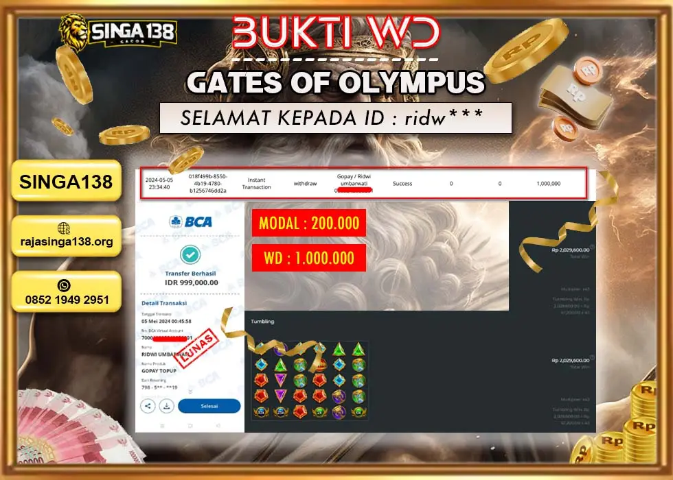 SINGA138 WD SLOT GATES OF OLYMPUS Rp 1.000.000 - LUNAS