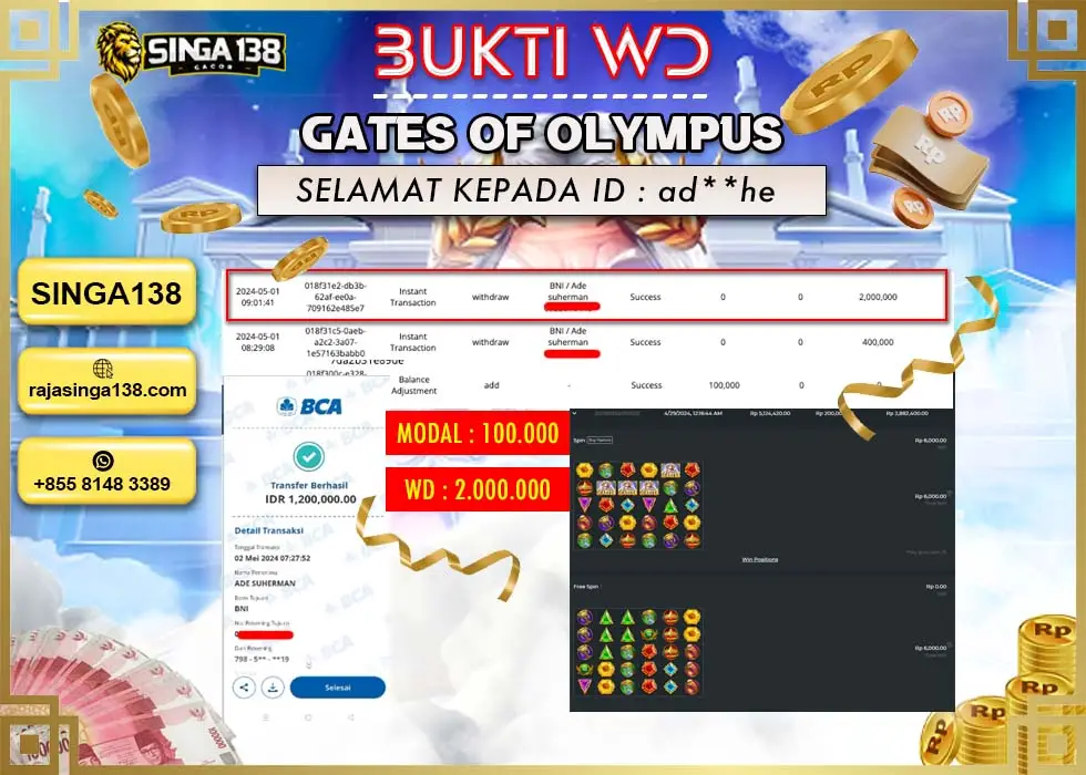 SINGA138 WD SLOT GATES OF OLYMPUS Rp 2.000.000 - LUNAS