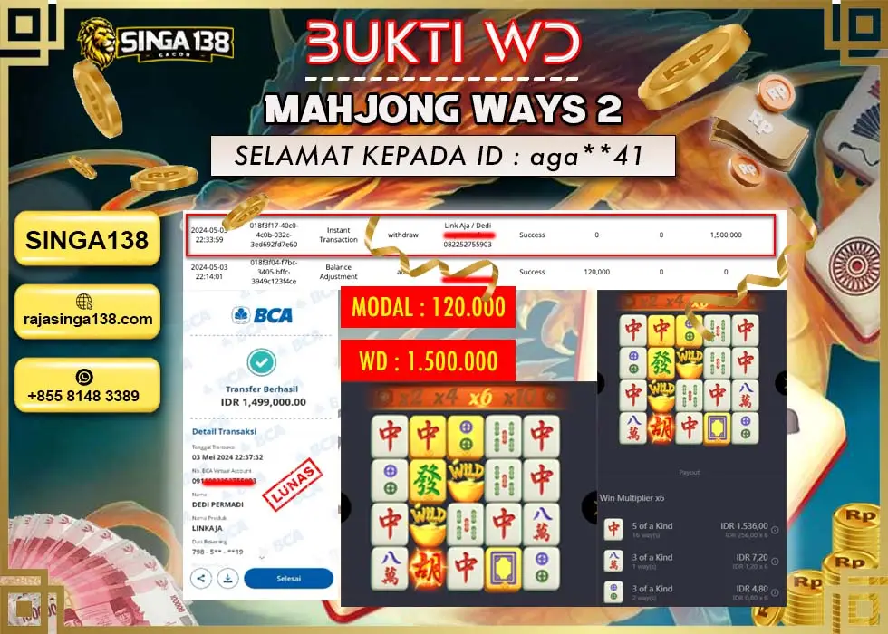 SINGA138 WD SLOT MAHJONG WAYS 2 Rp 1.500.000 - LUNAS