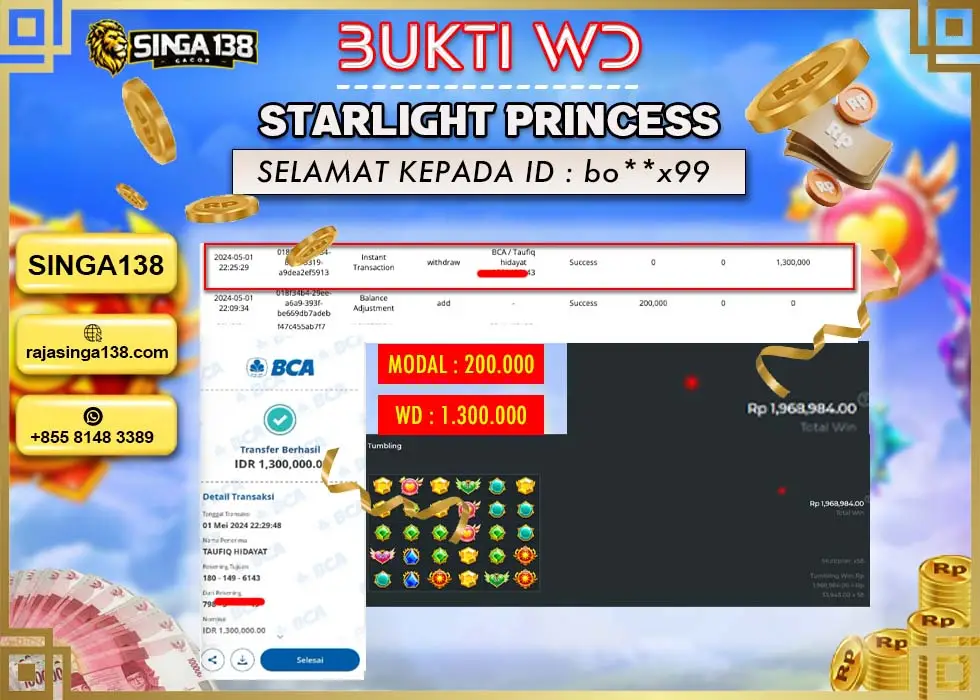 SINGA138 WD SLOT STARLIGHT PRINCESS Rp 1.300.000 - LUNAS