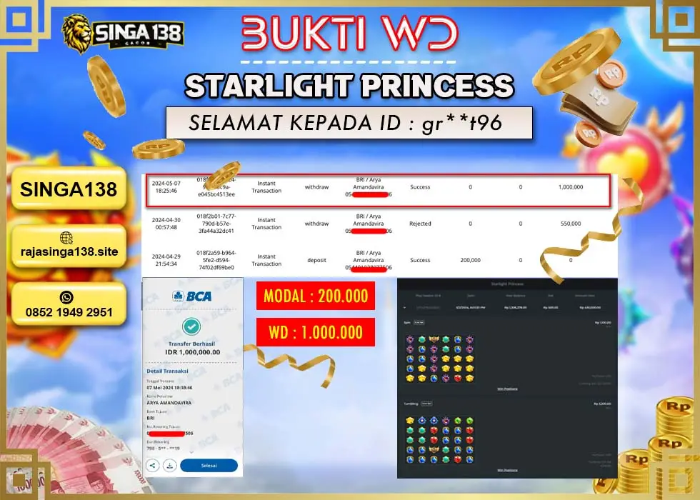 SINGA138 WD SLOT STARLIGHT PRINCESS Rp 1.000.000 - LUNAS