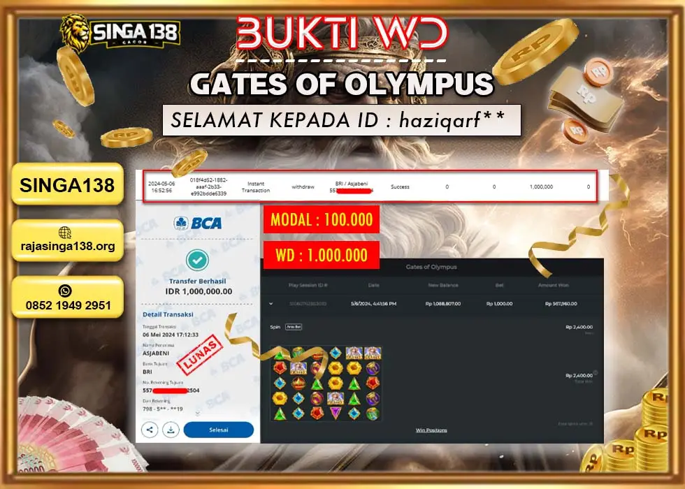 SINGA138 WD SLOT GATES OF OLYMPUS Rp 1.000.000 - LUNAS