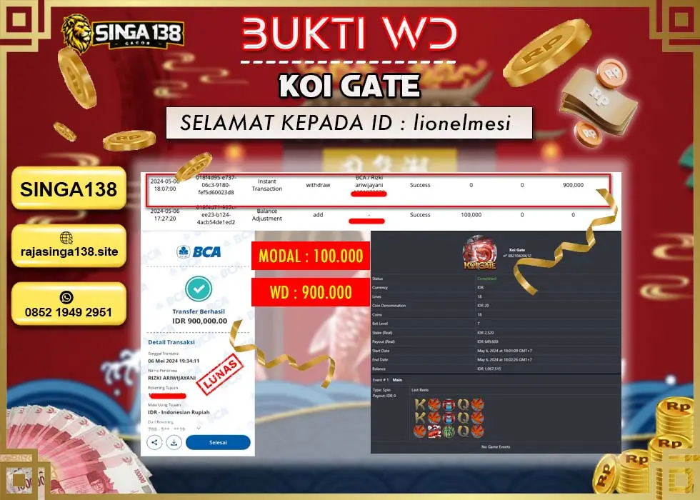 SINGA138 WD SLOT KOI GATE Rp 900.000 - LUNAS