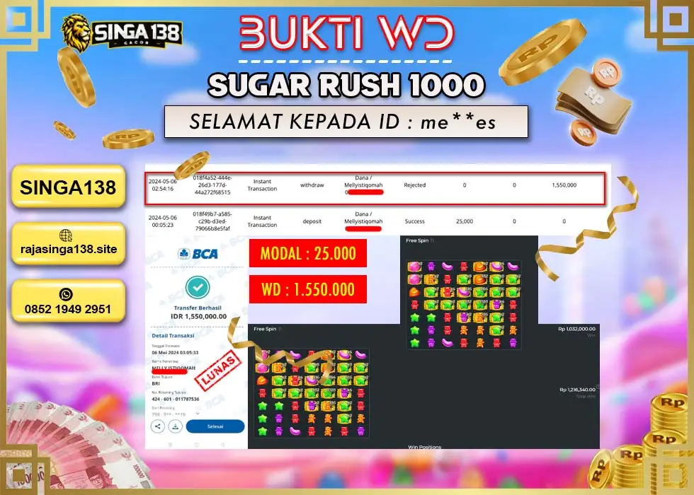 SINGA138 WD SLOT SUGAR RUSH 1000 Rp 1.550.000 - LUNAS