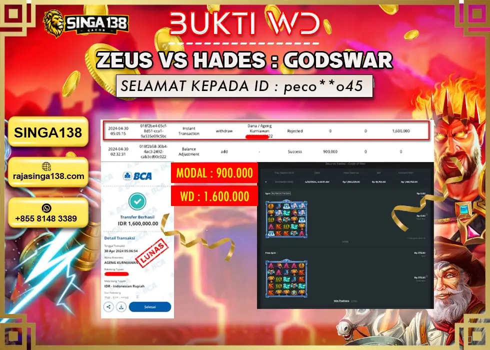 SINGA138 WD SLOT ZEUS VS HADES Rp 1.600.000 - LUNAS