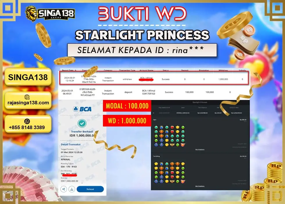 SINGA138 WD SLOT STARLIGHT PRINCESS Rp 1.000.000 - LUNAS