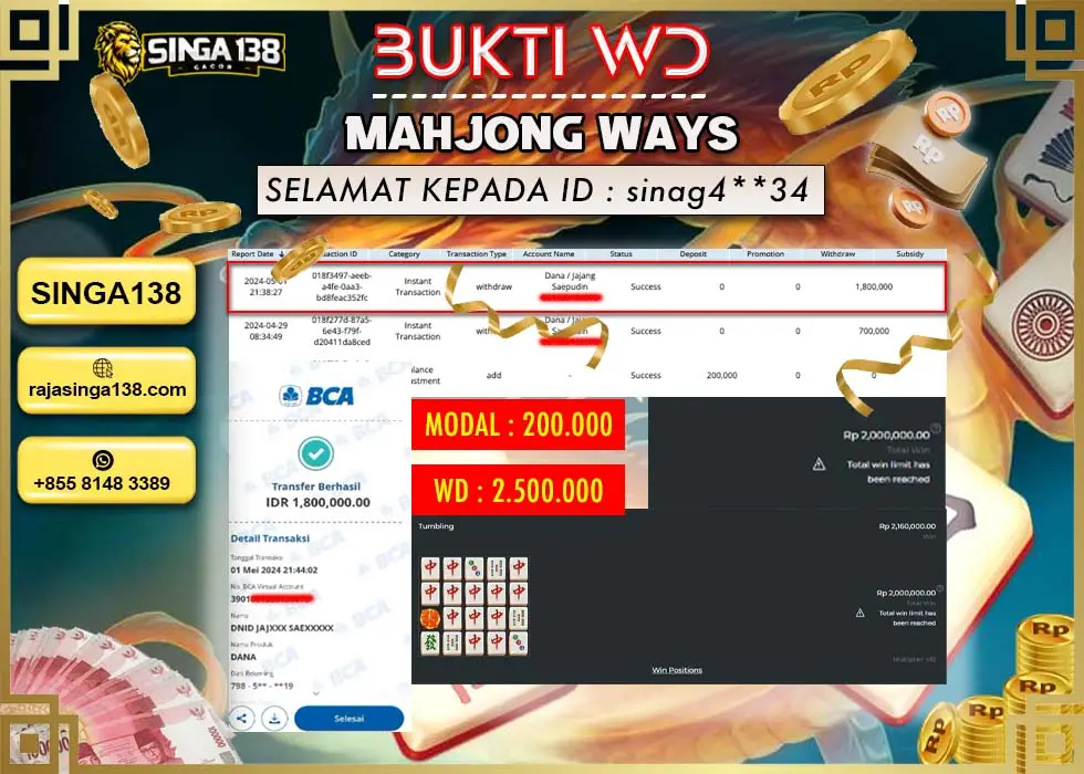 SINGA138 WD SLOT MAHJONG WAYS Rp 2.500.000 - LUNAS